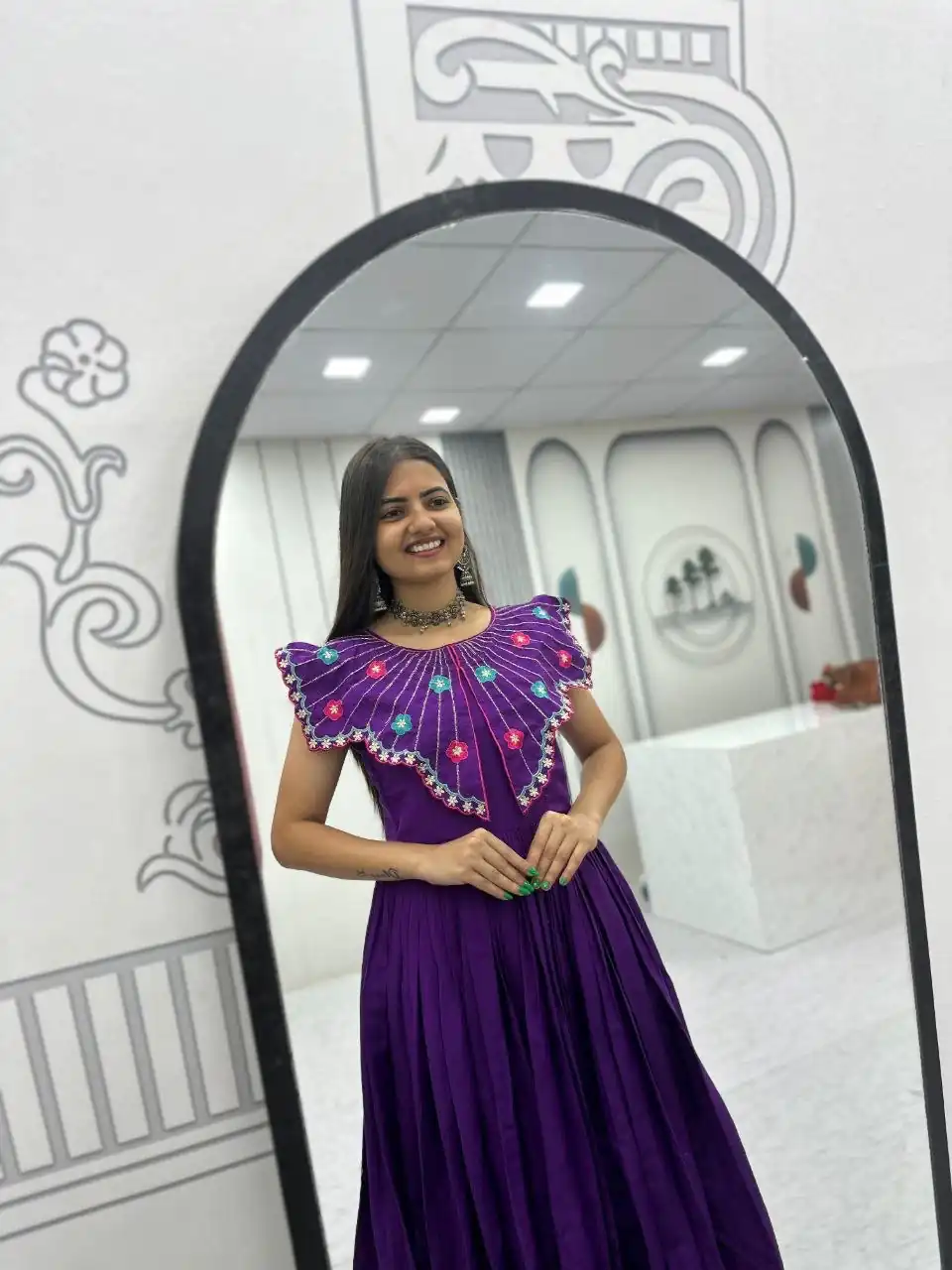 Lovely Purple Roman Thread Khatli Work Gown - Image 2