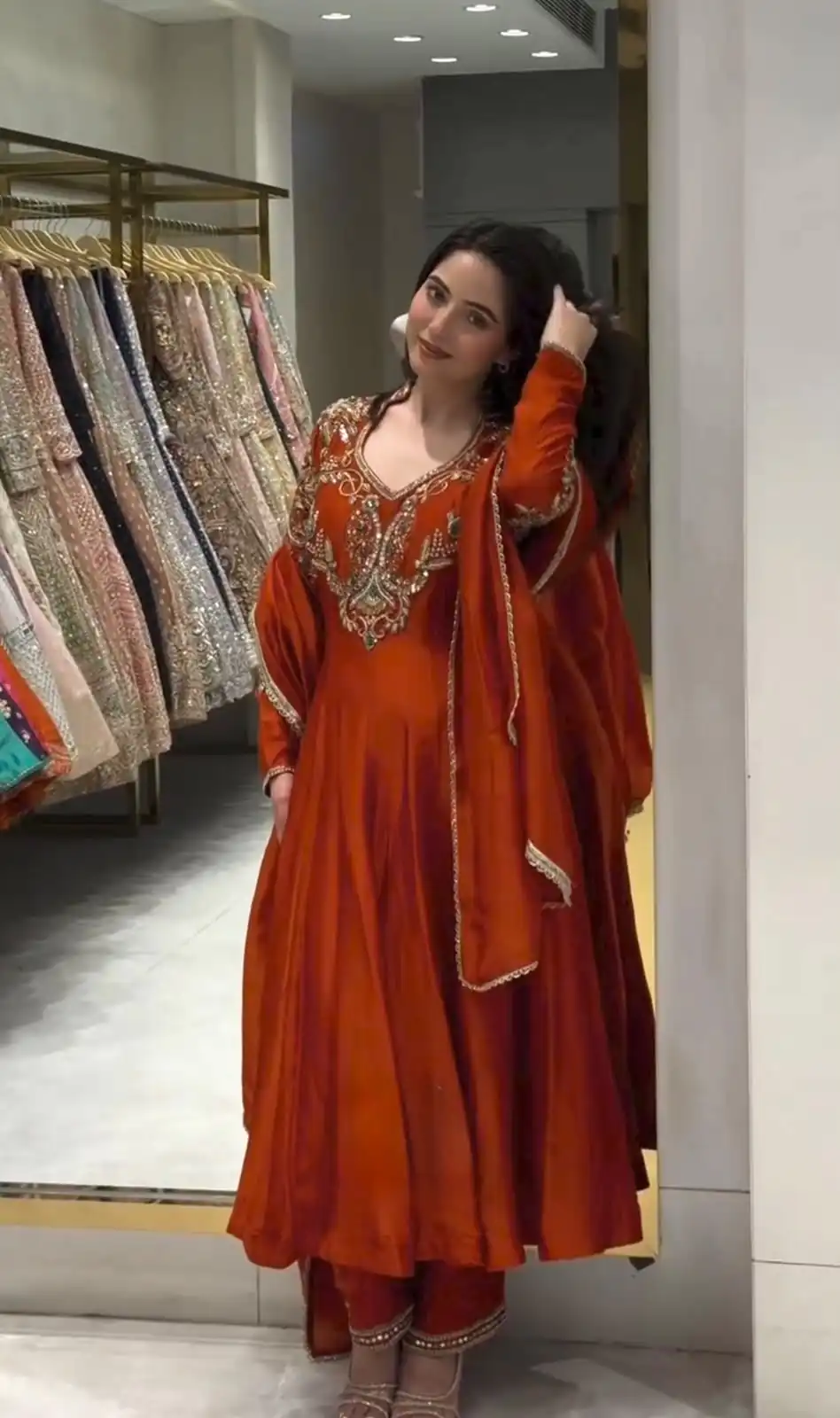 Lovely Rust Roman Silk Beads Embroidery Work Gown - Image 10