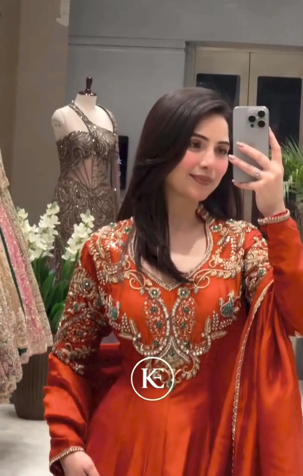 Lovely Rust Roman Silk Beads Embroidery Work Gown - Image 8
