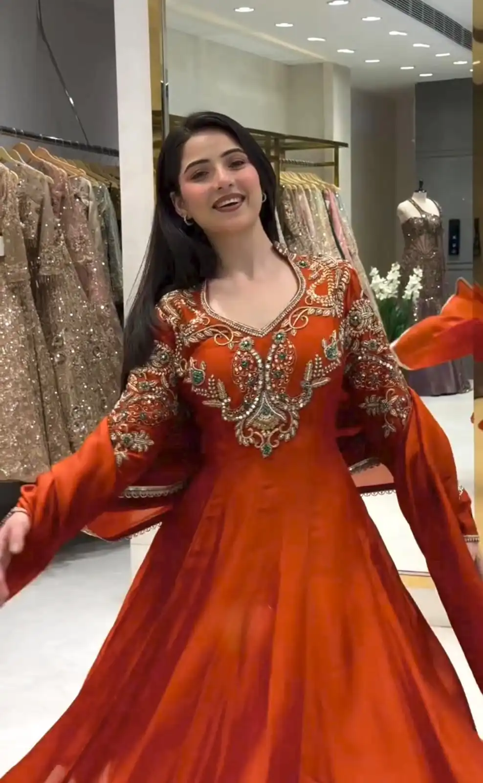 Lovely Rust Roman Silk Beads Embroidery Work Gown - Image 5