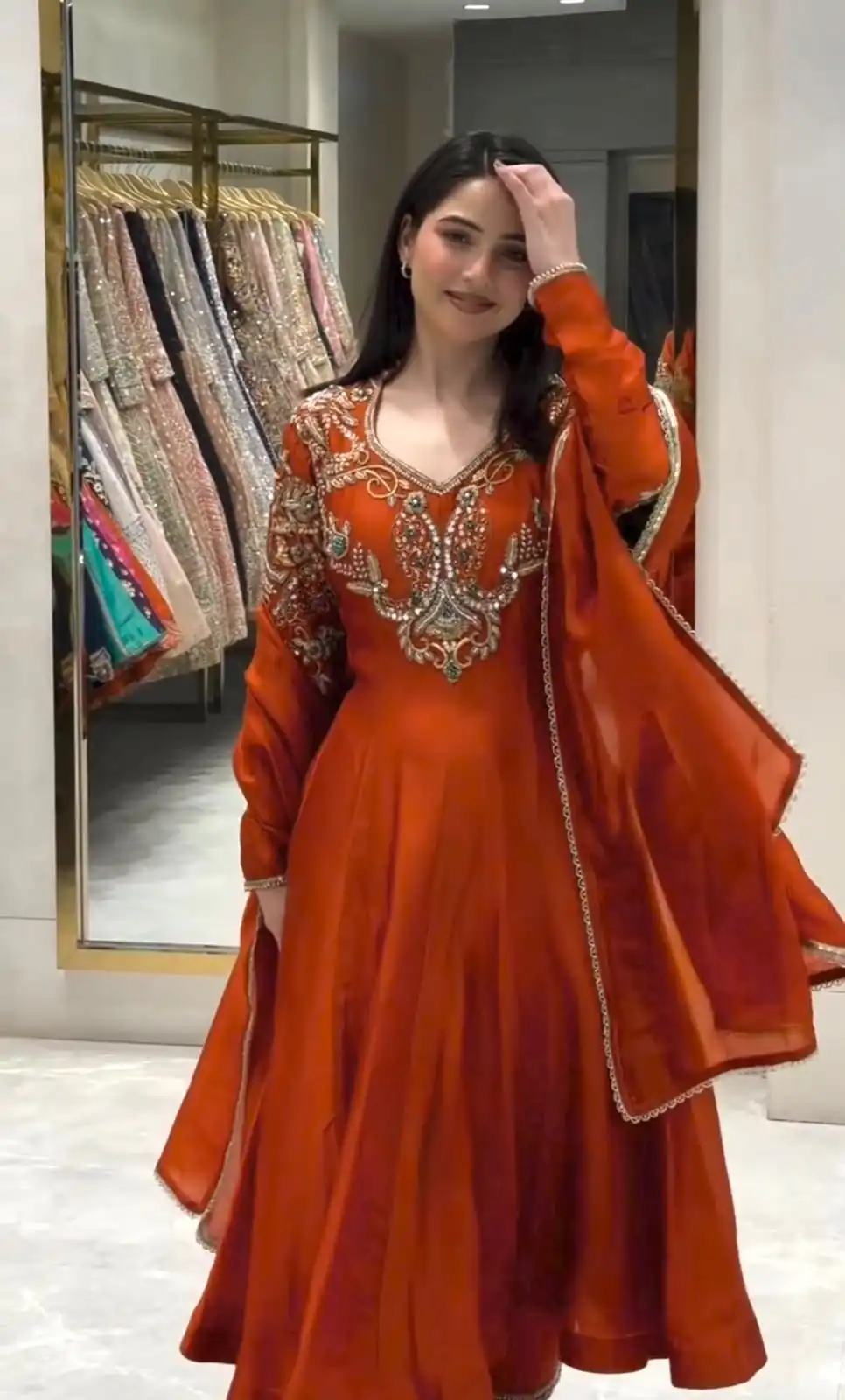Lovely Rust Roman Silk Beads Embroidery Work Gown - Image 4
