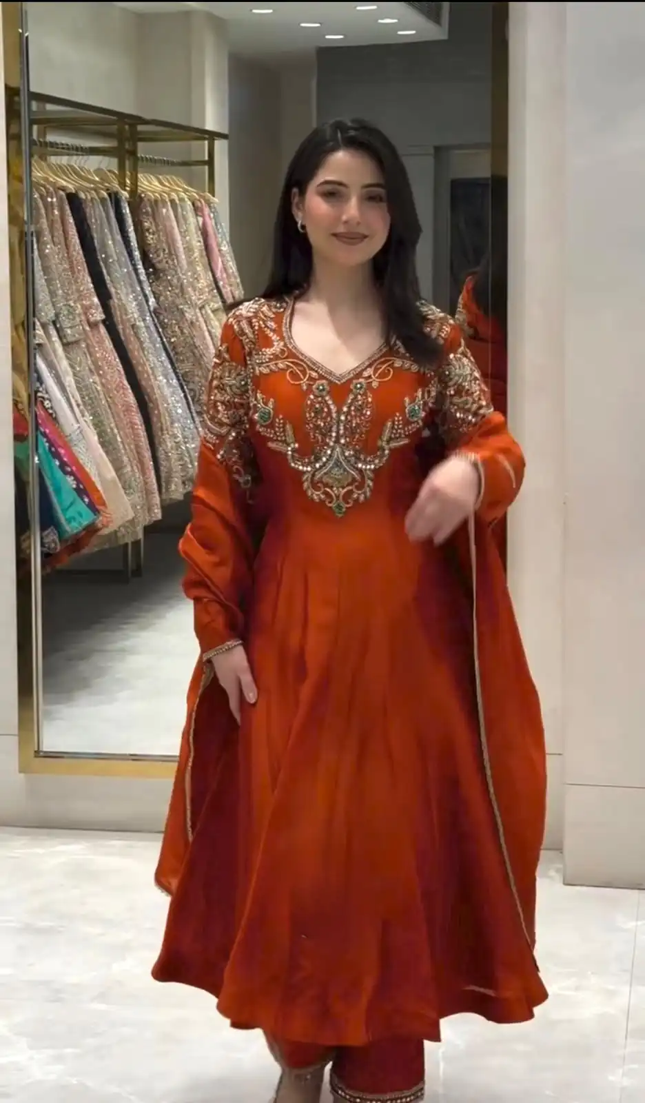 Lovely Rust Roman Silk Beads Embroidery Work Gown - Image 3