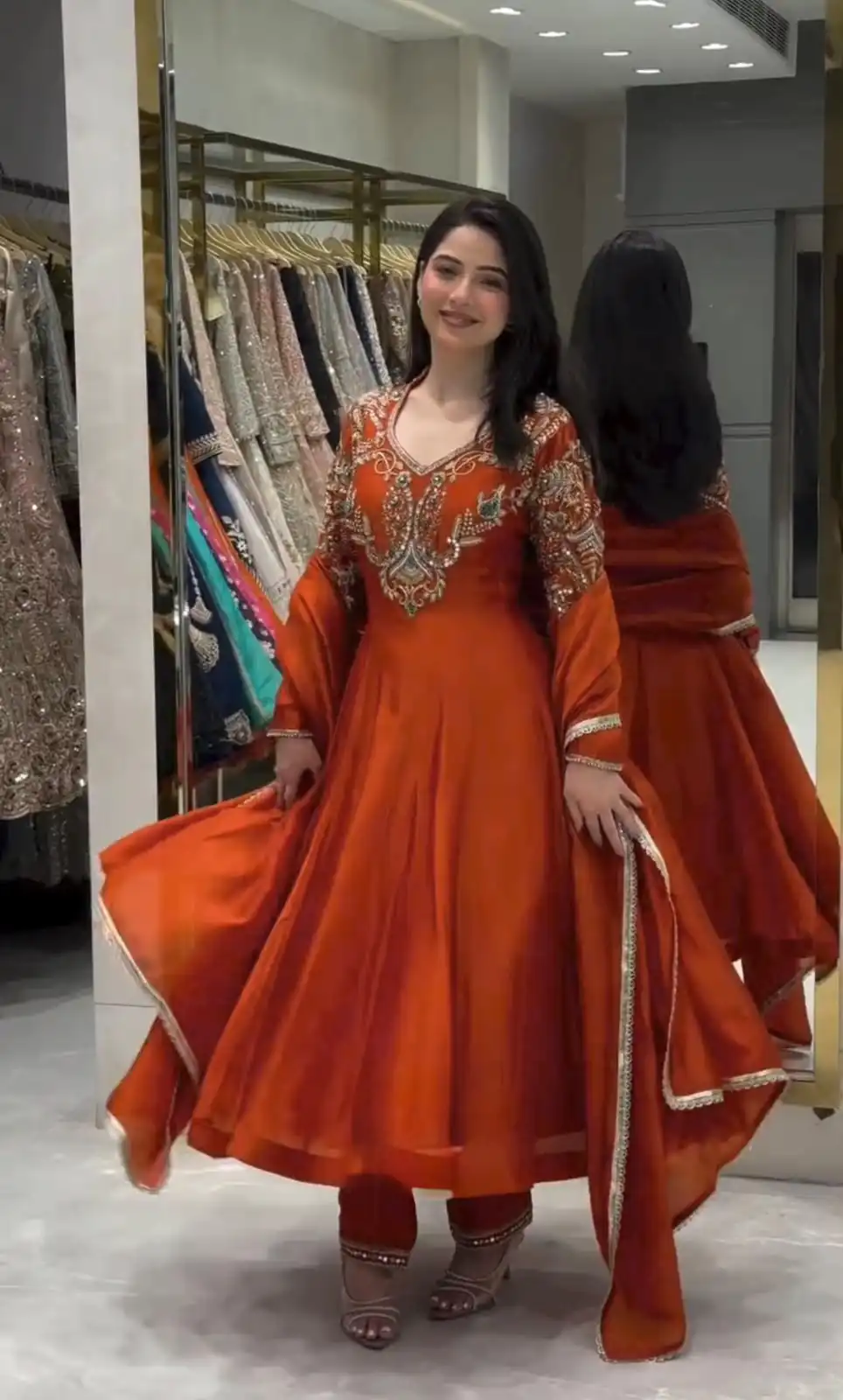 Lovely Rust Roman Silk Beads Embroidery Work Gown