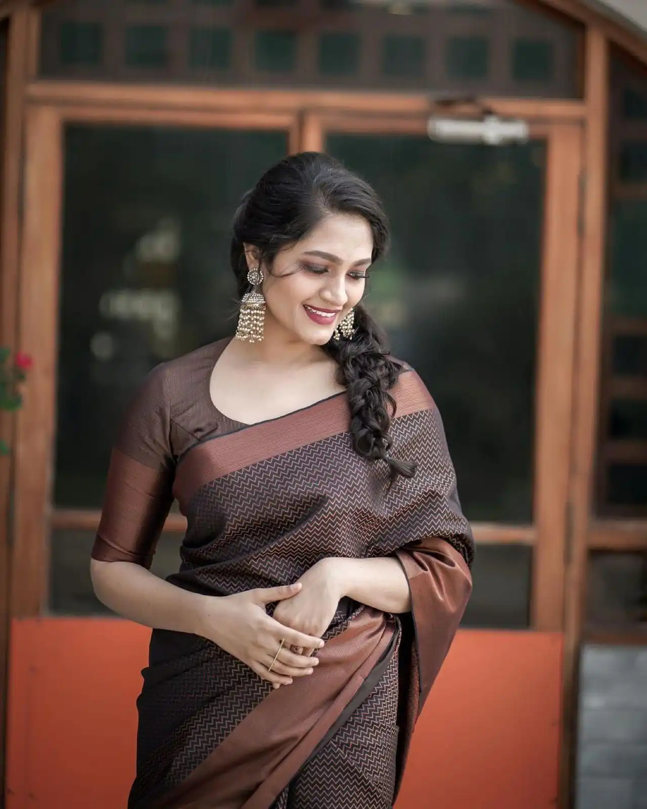 Magical Brown Soft Lichi Jacquard Work Saree - Image 9