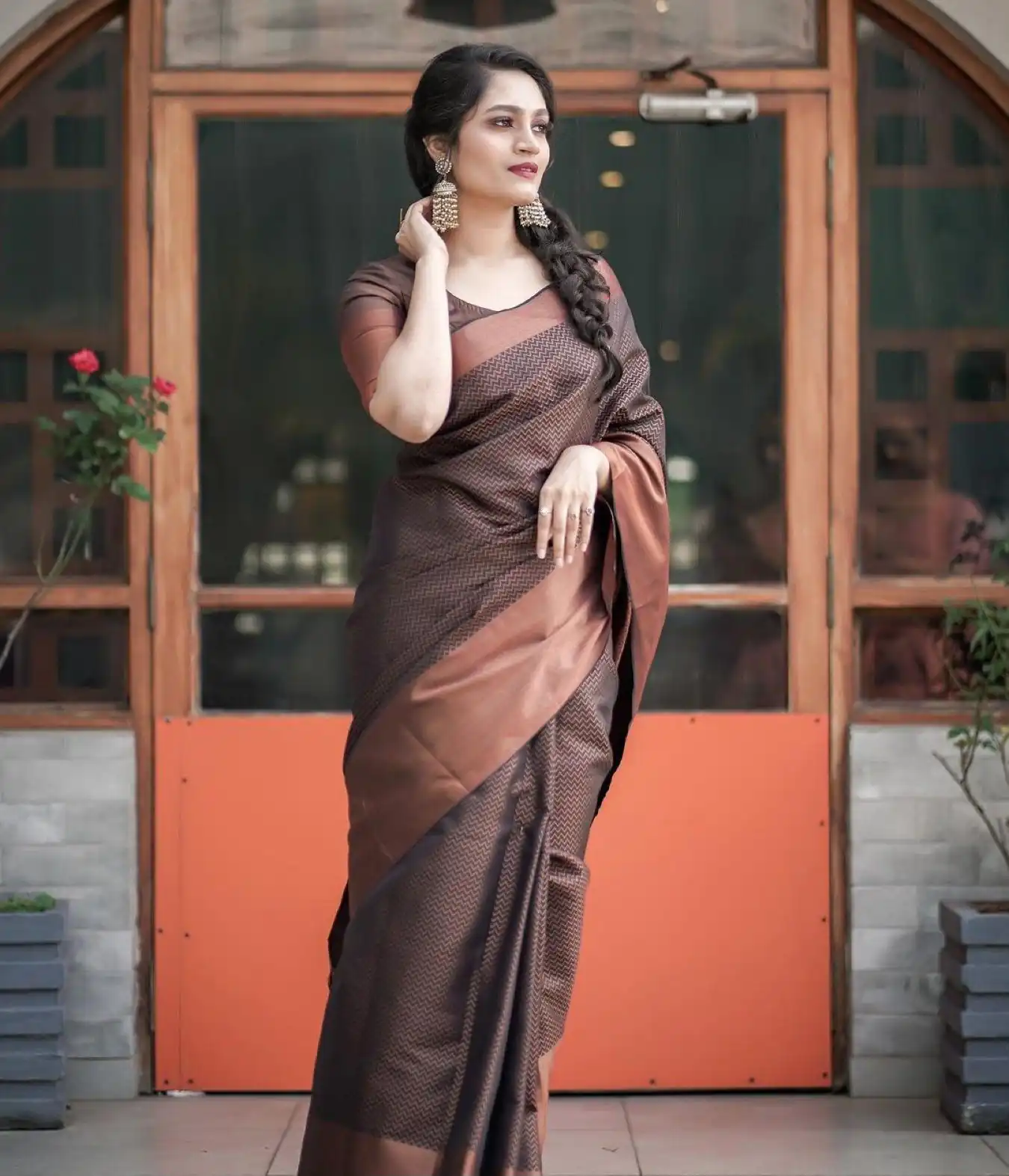 Magical Brown Soft Lichi Jacquard Work Saree - Image 5