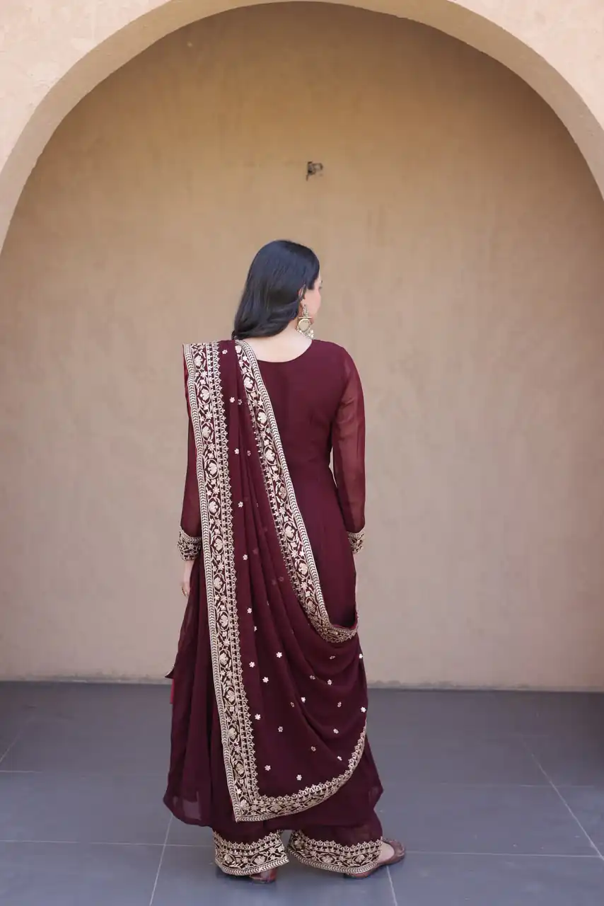 Magical Maroon Faux Blooming Sequence Work Gown - Image 5