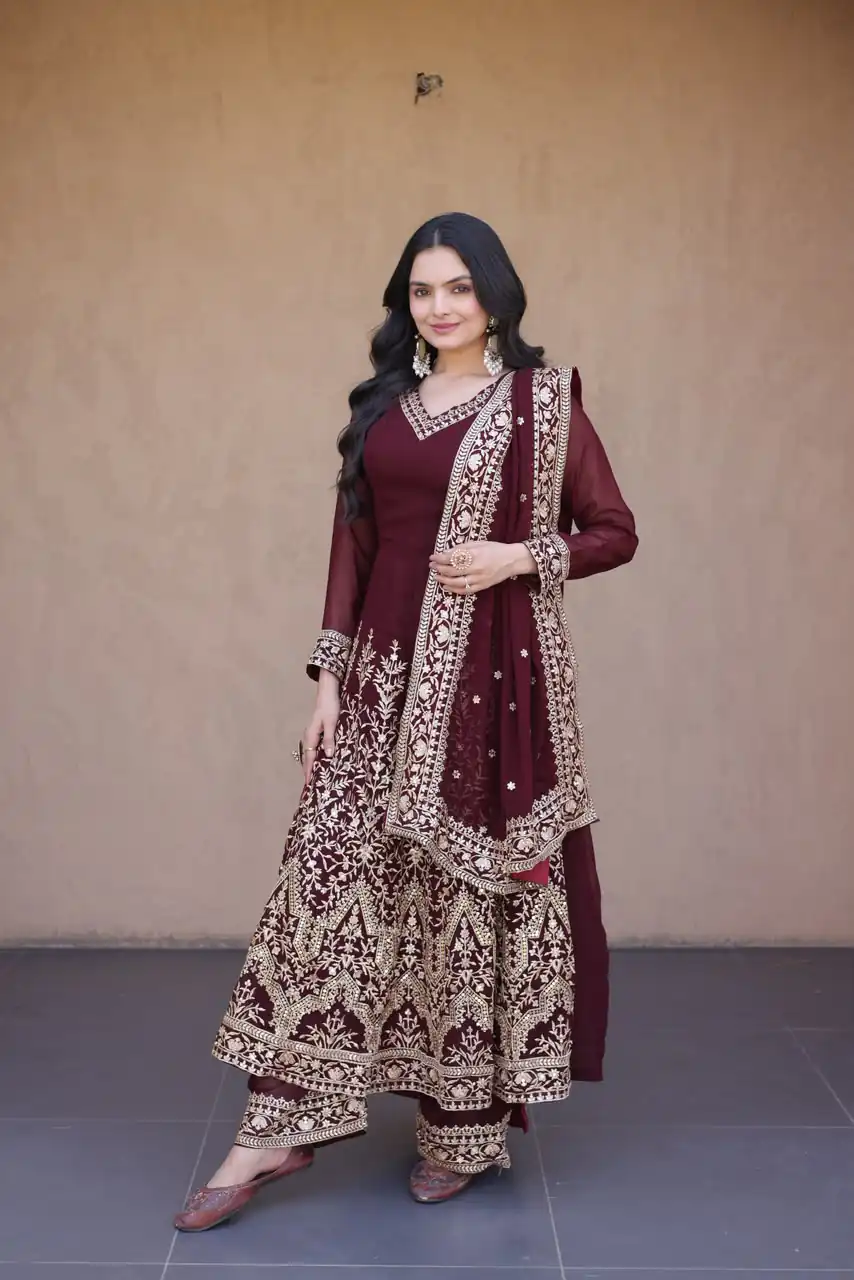 Magical Maroon Faux Blooming Sequence Work Gown - Image 3