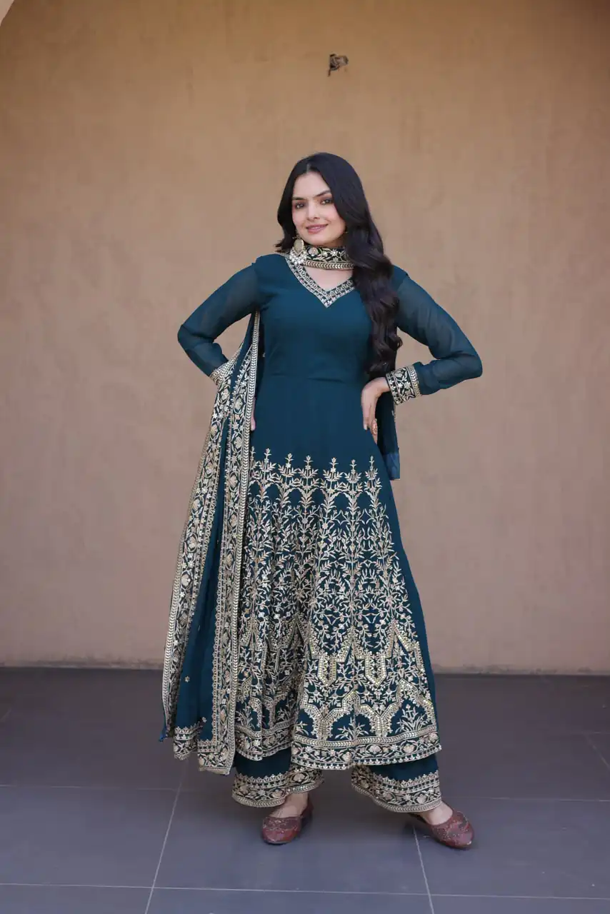 Magical Teal Faux Blooming Sequence Work Gown - Image 4
