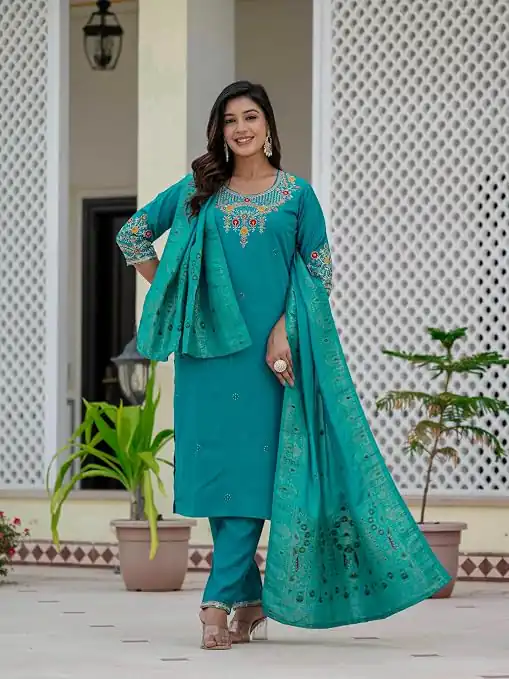 Nice Firozi Roman Silk Sequins Work Salwar Suit - Image 4