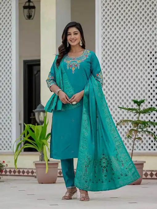 Nice Firozi Roman Silk Sequins Work Salwar Suit - Image 3