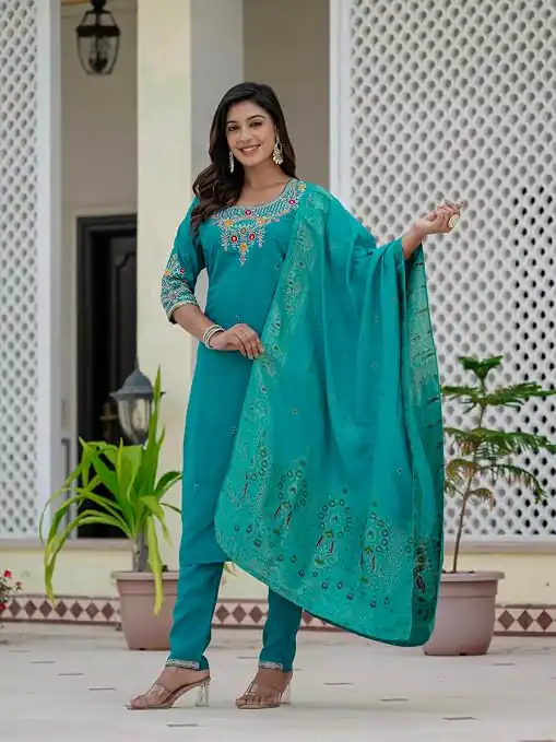 Nice Firozi Roman Silk Sequins Work Salwar Suit - Image 2