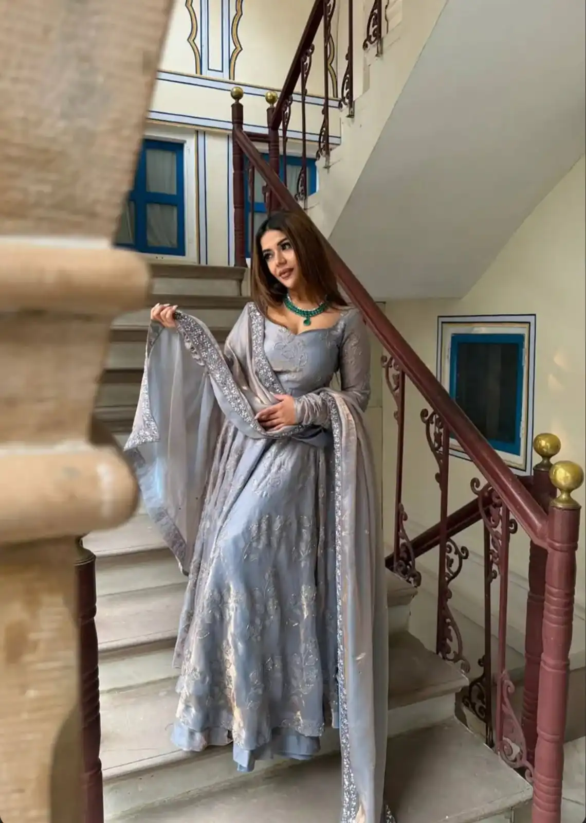 Nice Grey Fendy Silk Bits Hand Work Salwar Suit - Image 2