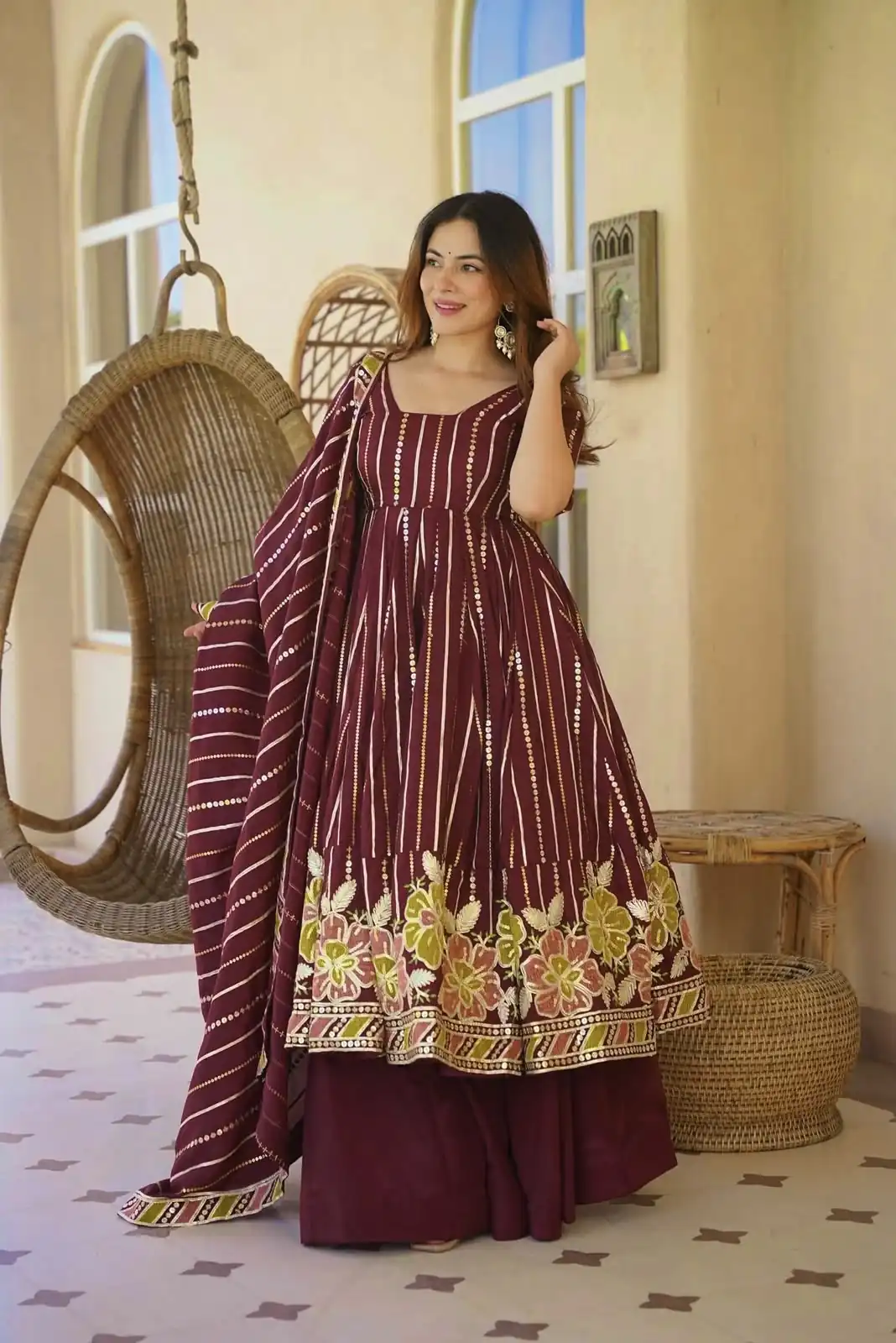 Nice Maroon Faux Georgette Embroidery Work Anarkali Suit - Image 6