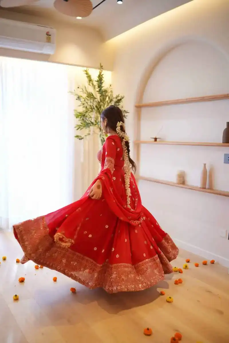 Nice Red Faux Georgette Thread Work Anarkali Suit - Image 3