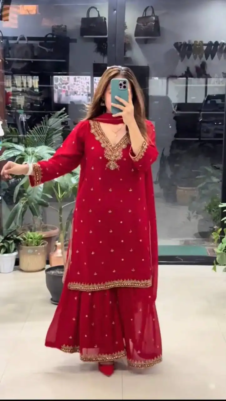 Perfect Red Faux Georgette Mirror Hand Work Salwar Suit - Image 2
