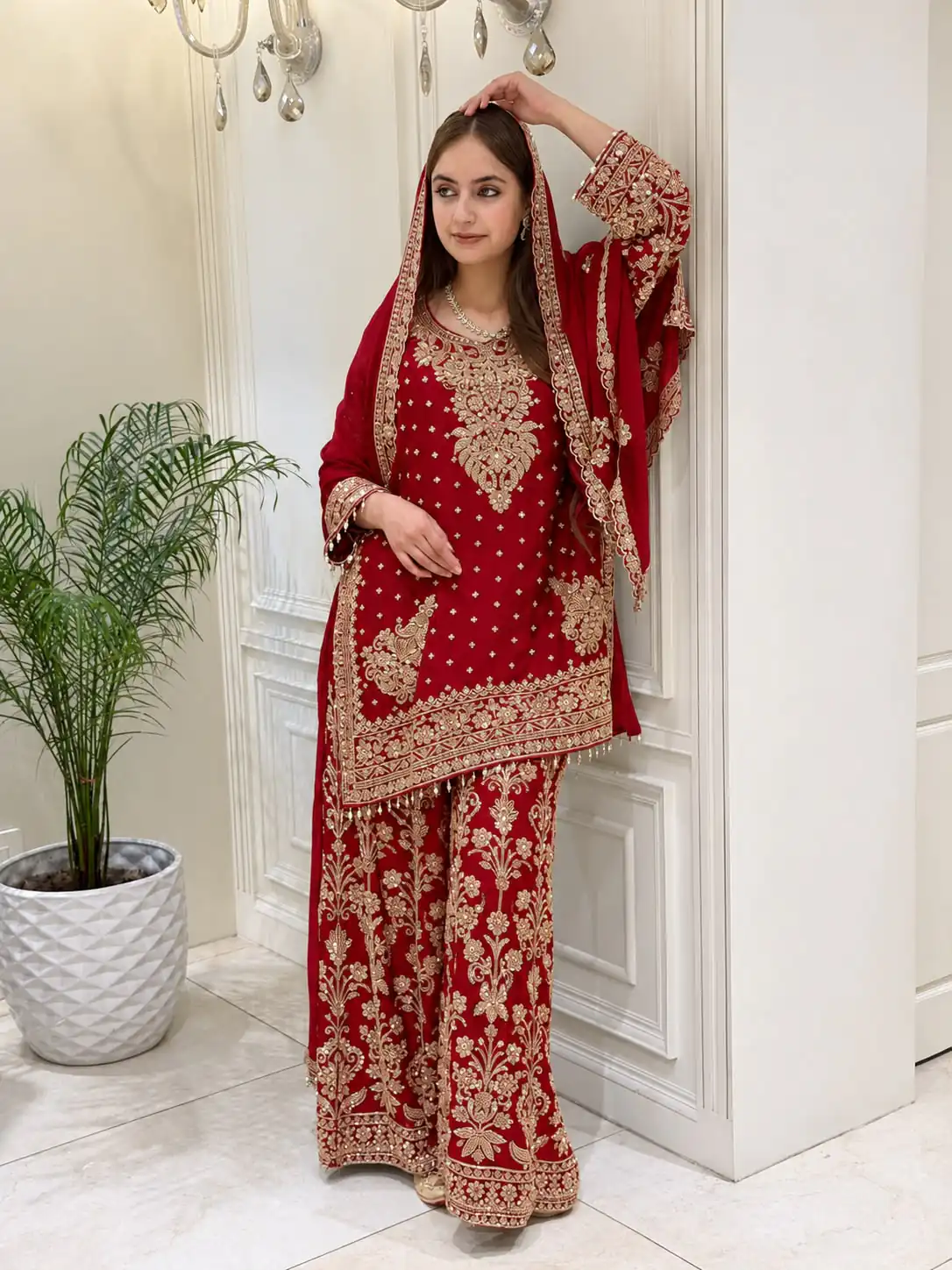Perfect Rust Faux Georgette Sequences Work Salwar Suit