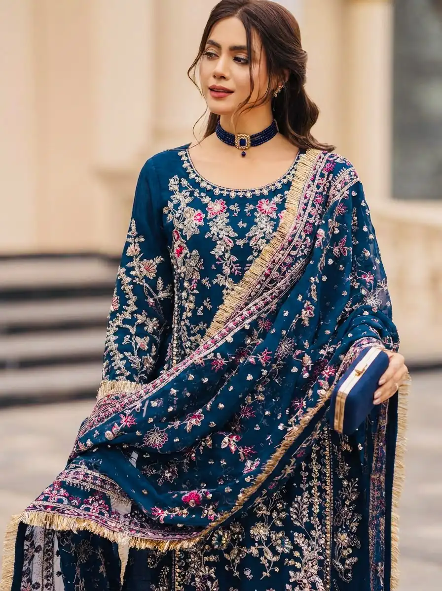 Perfect Teal Faux Georgette Thread Work Salwar Suit - Image 3