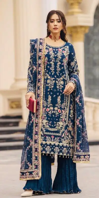 Perfect Teal Faux Georgette Thread Work Salwar Suit