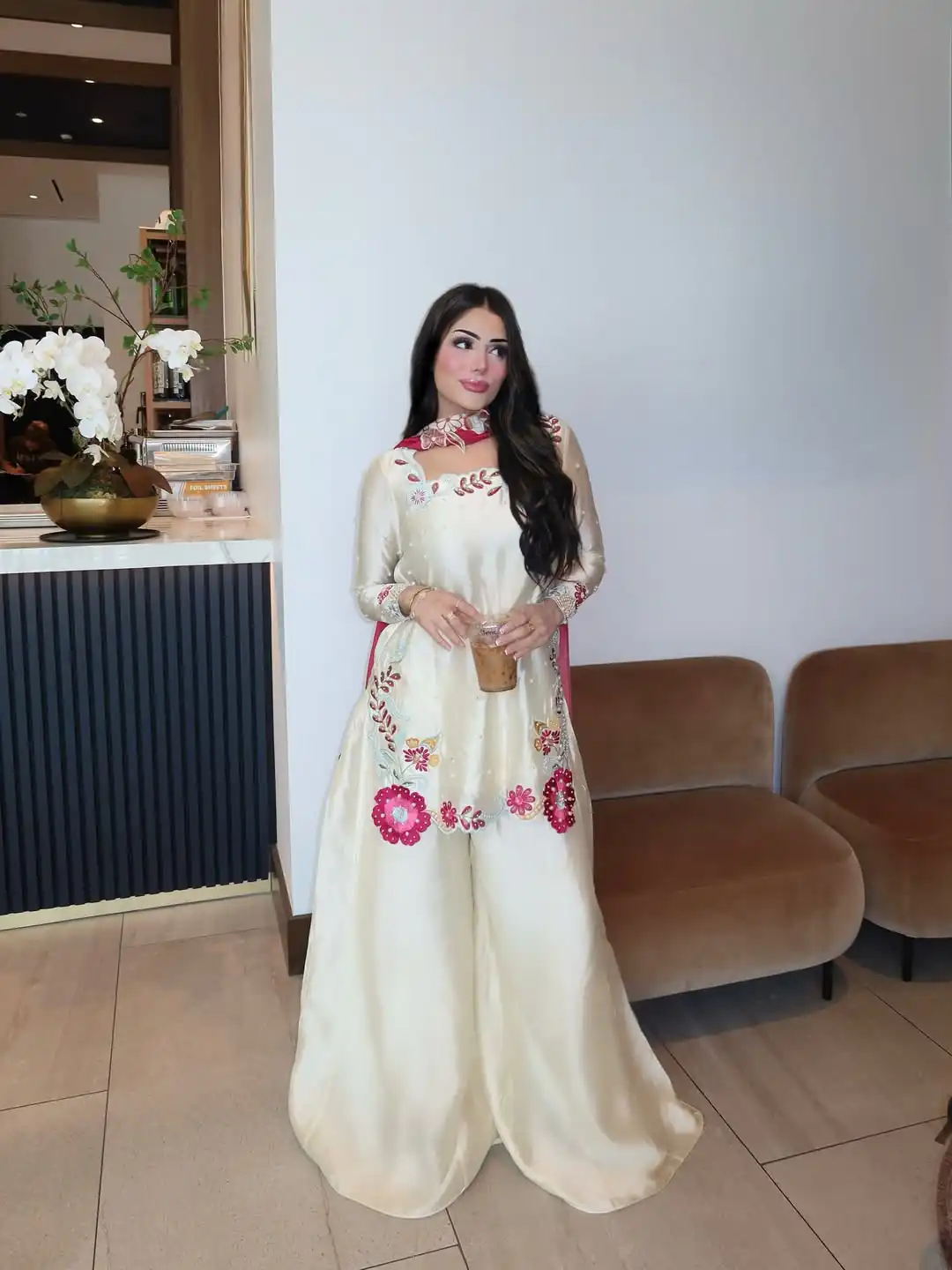 Pretty Off White Roman Glass Bids Work Salwar Suit - Image 2