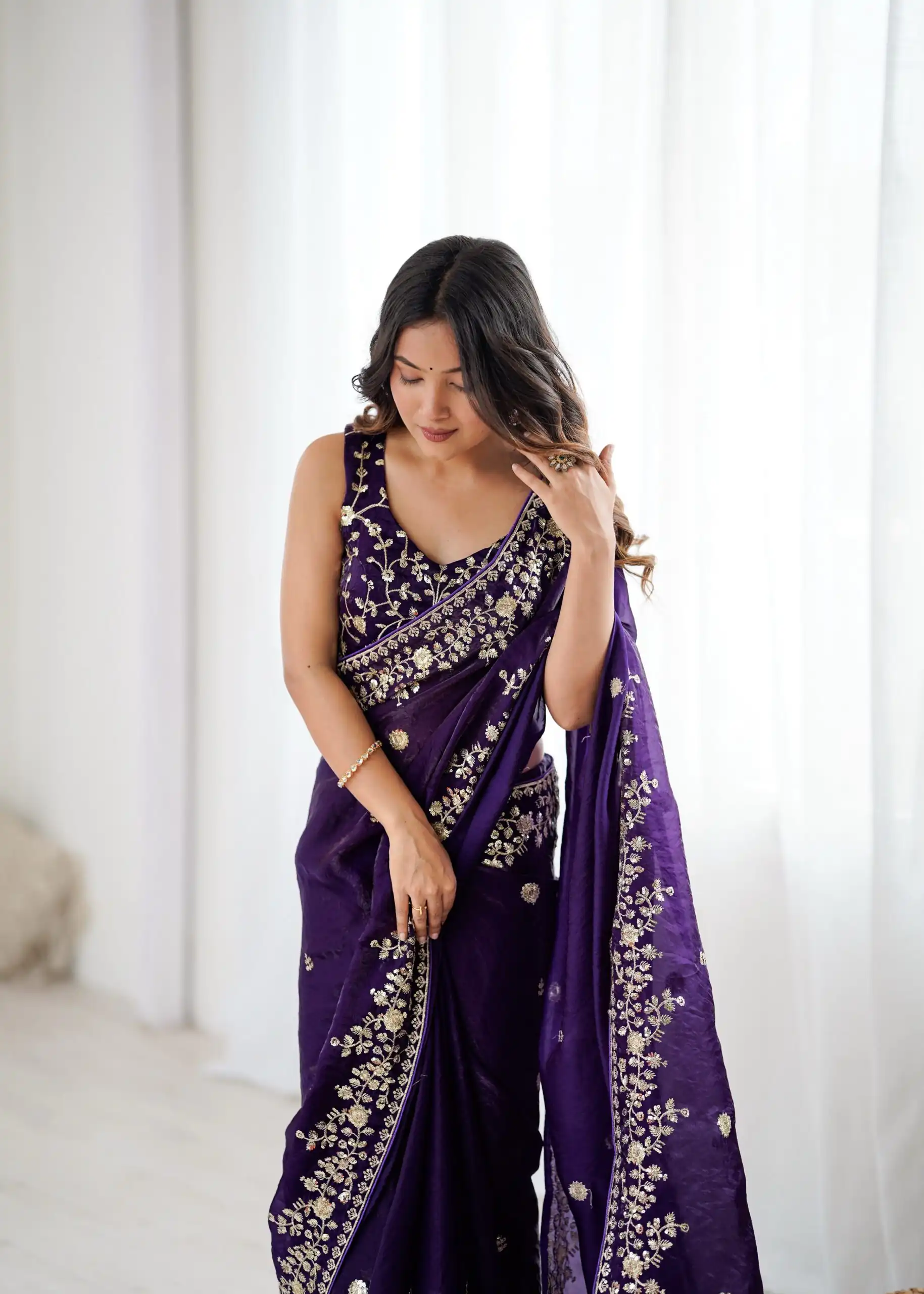 Pretty Purple Fendy Silk Embroidery Work Saree - Image 7