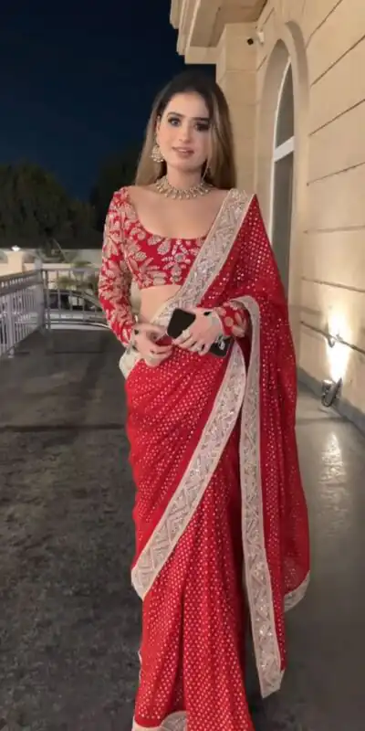 Pretty Red Faux Blooming Georgette Sequins Work Saree