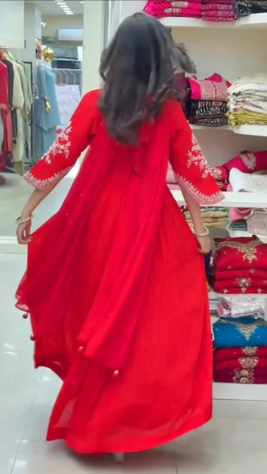 Pretty Red Faux Georgette Thread Work Anarkali Suit - Image 4