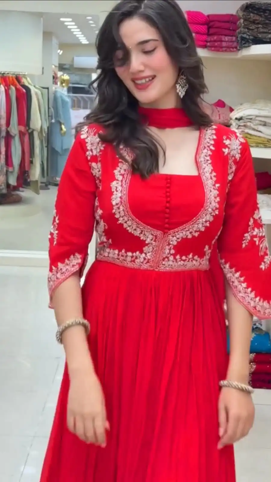 Pretty Red Faux Georgette Thread Work Anarkali Suit - Image 2