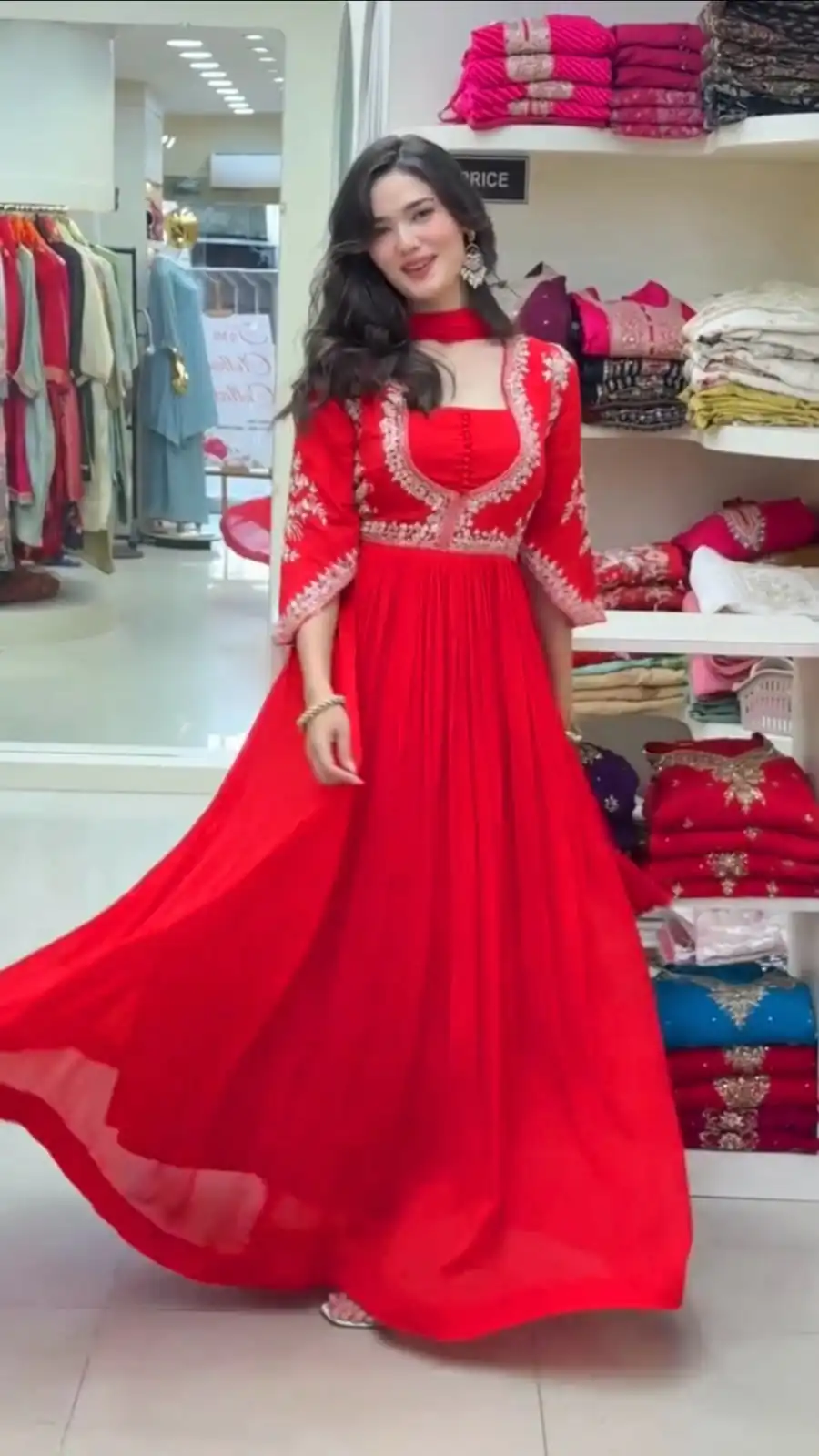 Pretty Red Faux Georgette Thread Work Anarkali Suit
