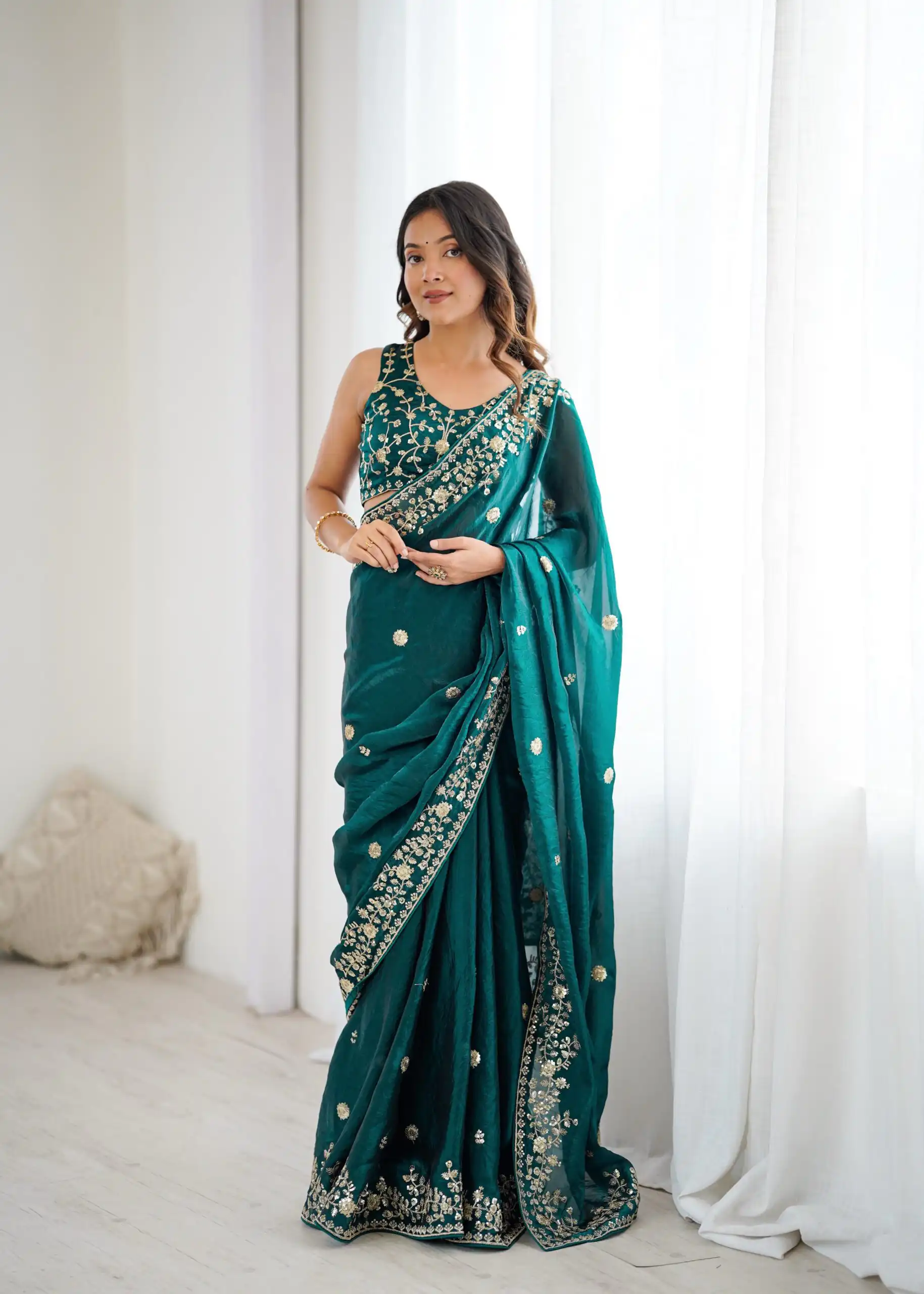 Pretty Teal Fendy Silk Embroidery Work Saree - Image 4