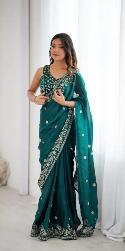 Alternative view of Pretty Teal Fendy Silk Embroidery Work Saree