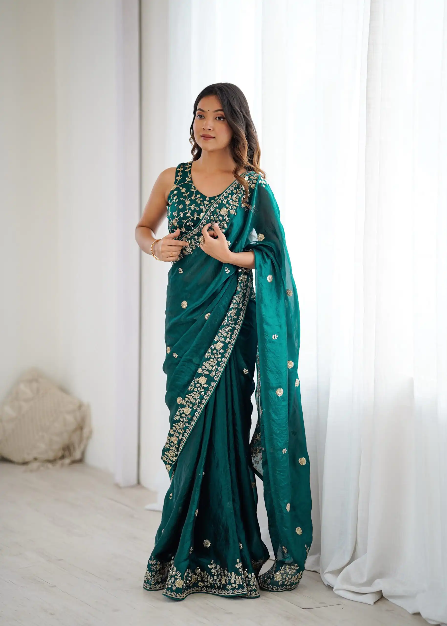 Pretty Teal Fendy Silk Embroidery Work Saree - Image 2