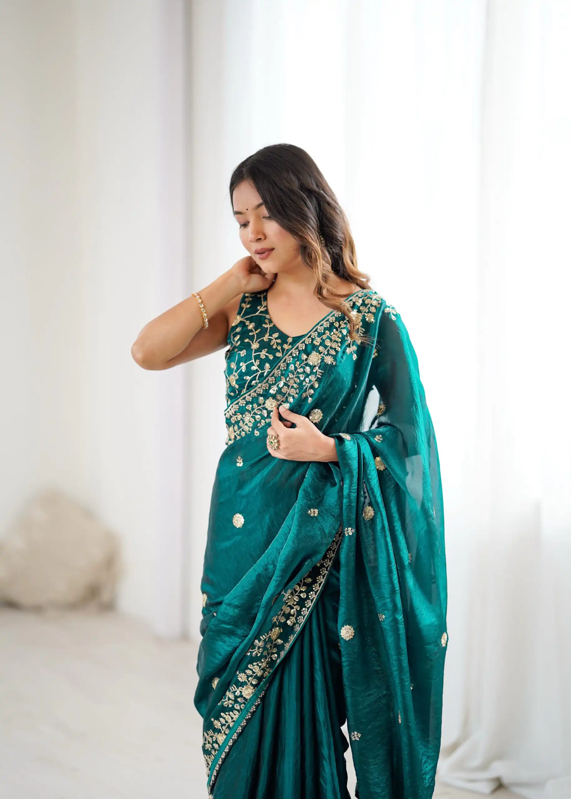 Pretty Teal Fendy Silk Embroidery Work Saree - Image 8