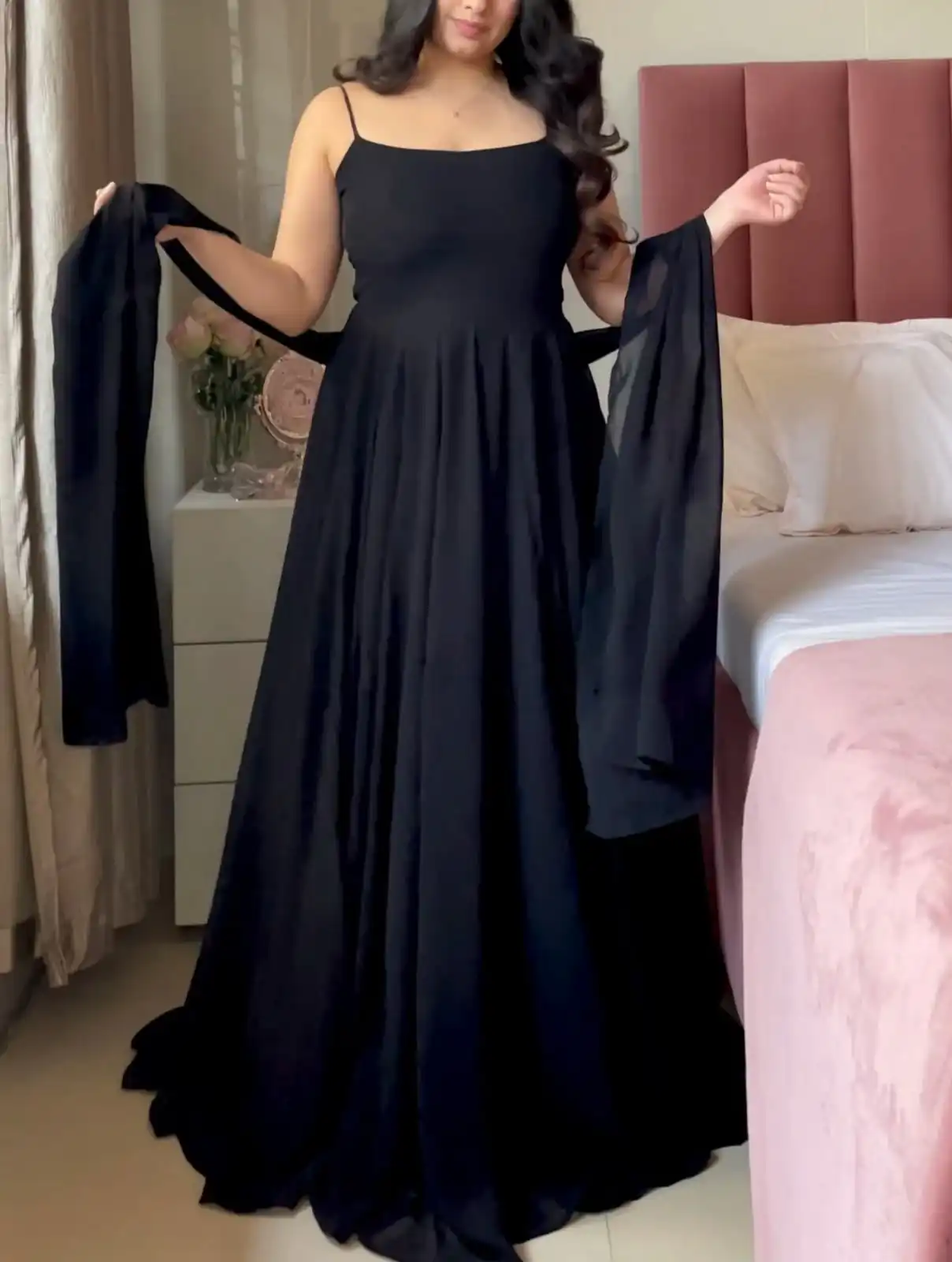 Shiny Black Faux Georgette Fancy Less Work Anarkali Suit - Image 4
