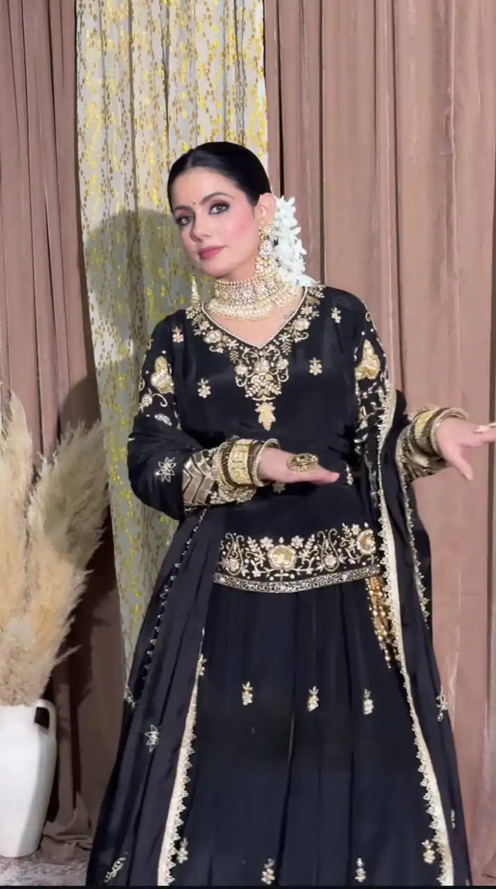 Shiny Black Natural Crepe Silk Embroider Work Salwar Suit - Image 2