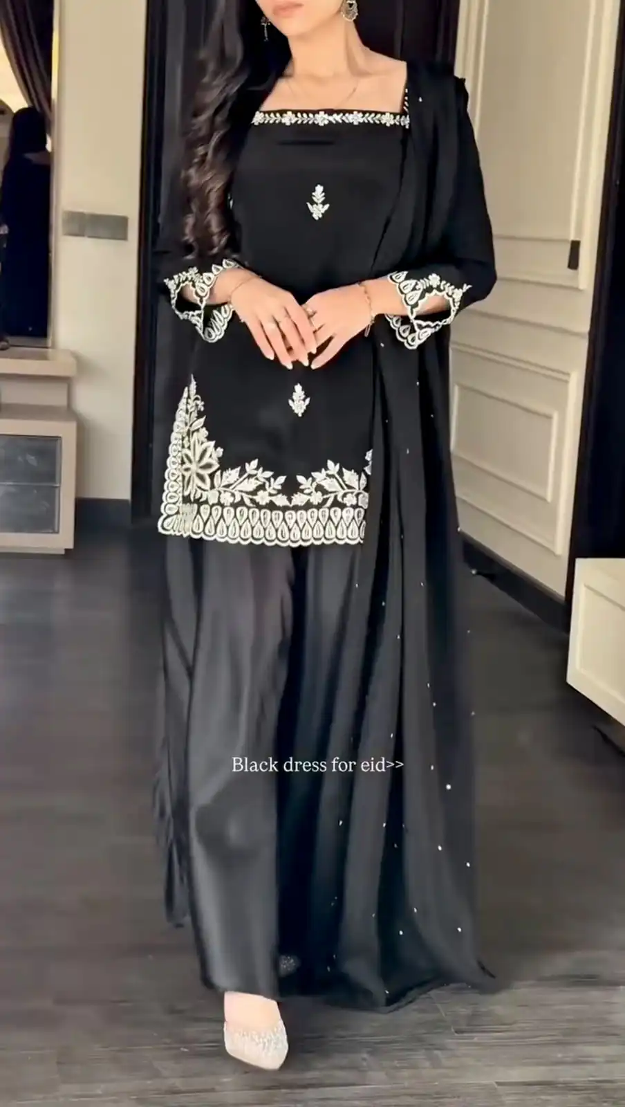 Shiny Black Natural Crepe Thread Work Salwar Suit - Image 3