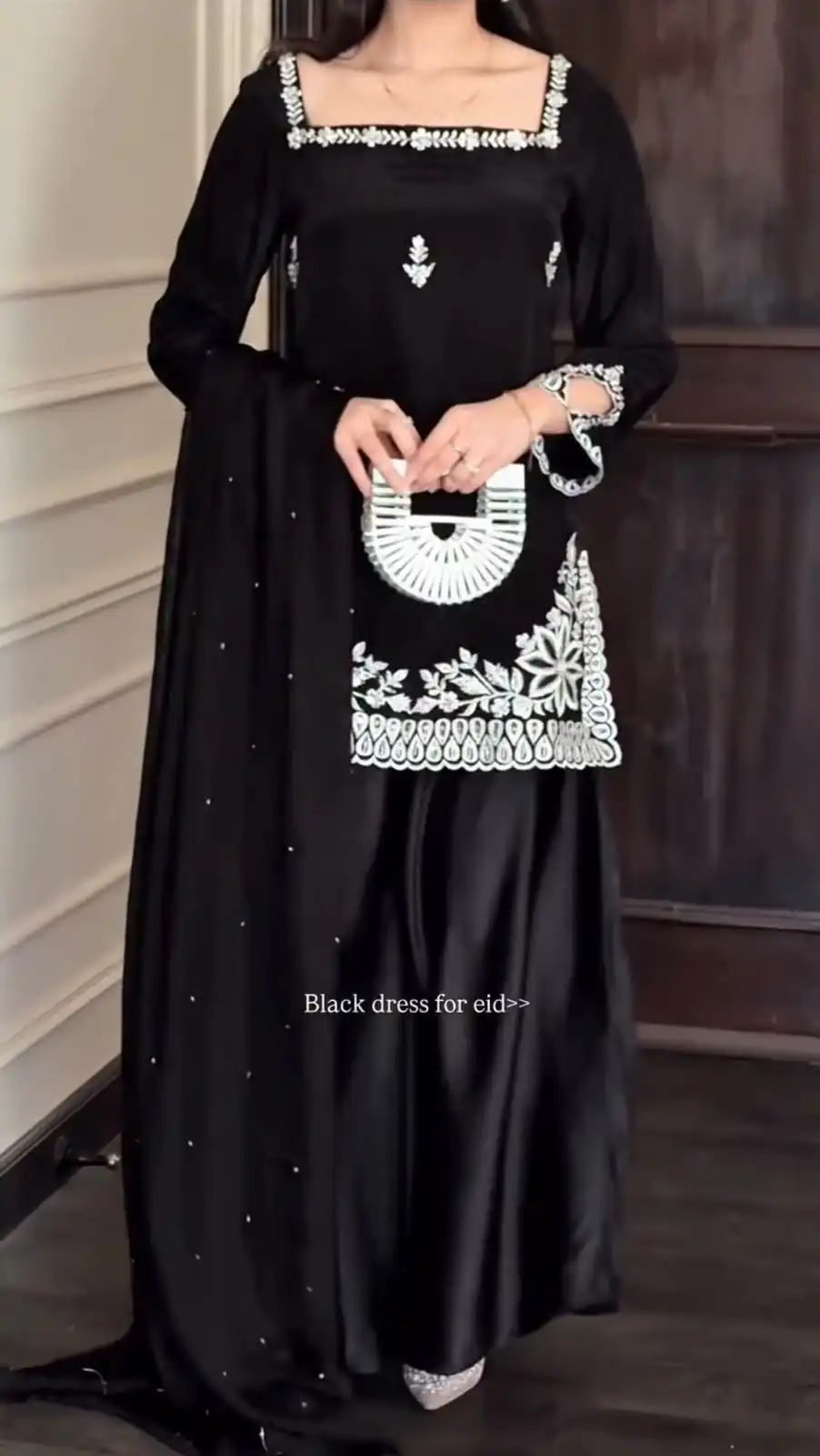 Shiny Black Natural Crepe Thread Work Salwar Suit - Image 2