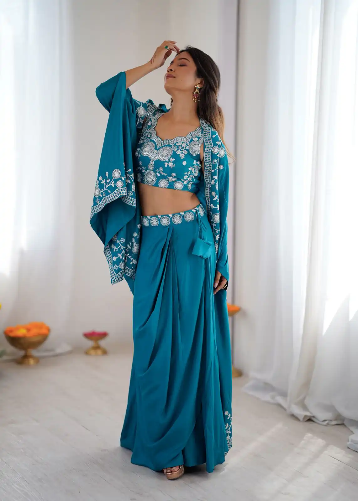 Shiny Blue Crepe Silk Sequins Work Dhoti Suit - Image 7