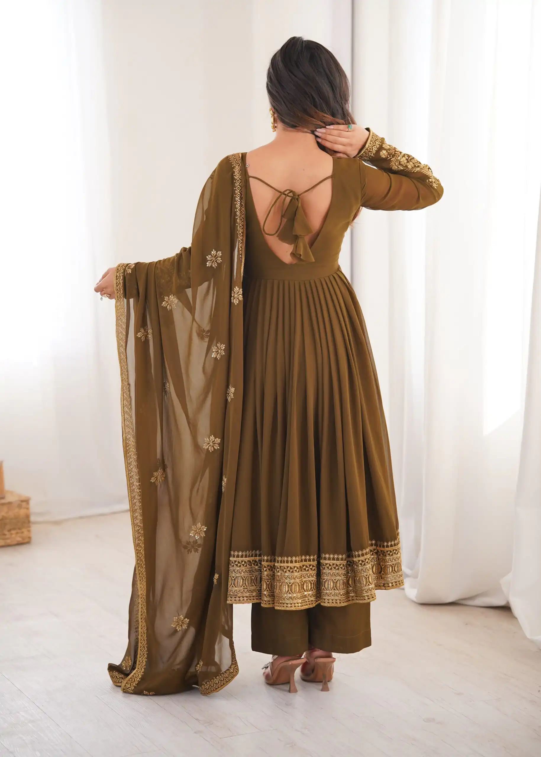Shiny Brown Faux Georgette Sequence Work Anarkali Suit - Image 7