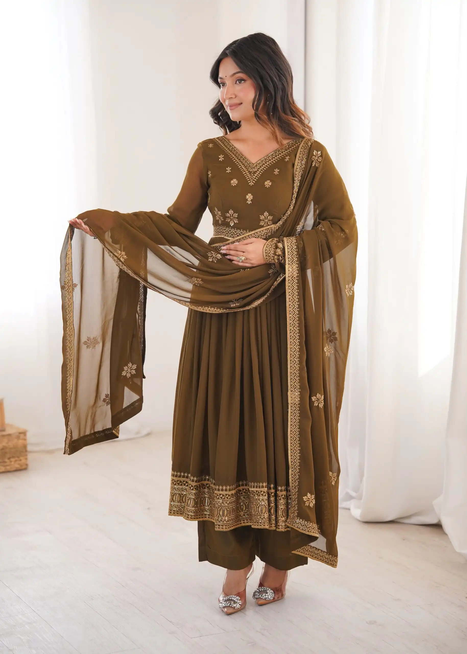 Shiny Brown Faux Georgette Sequence Work Anarkali Suit - Image 3