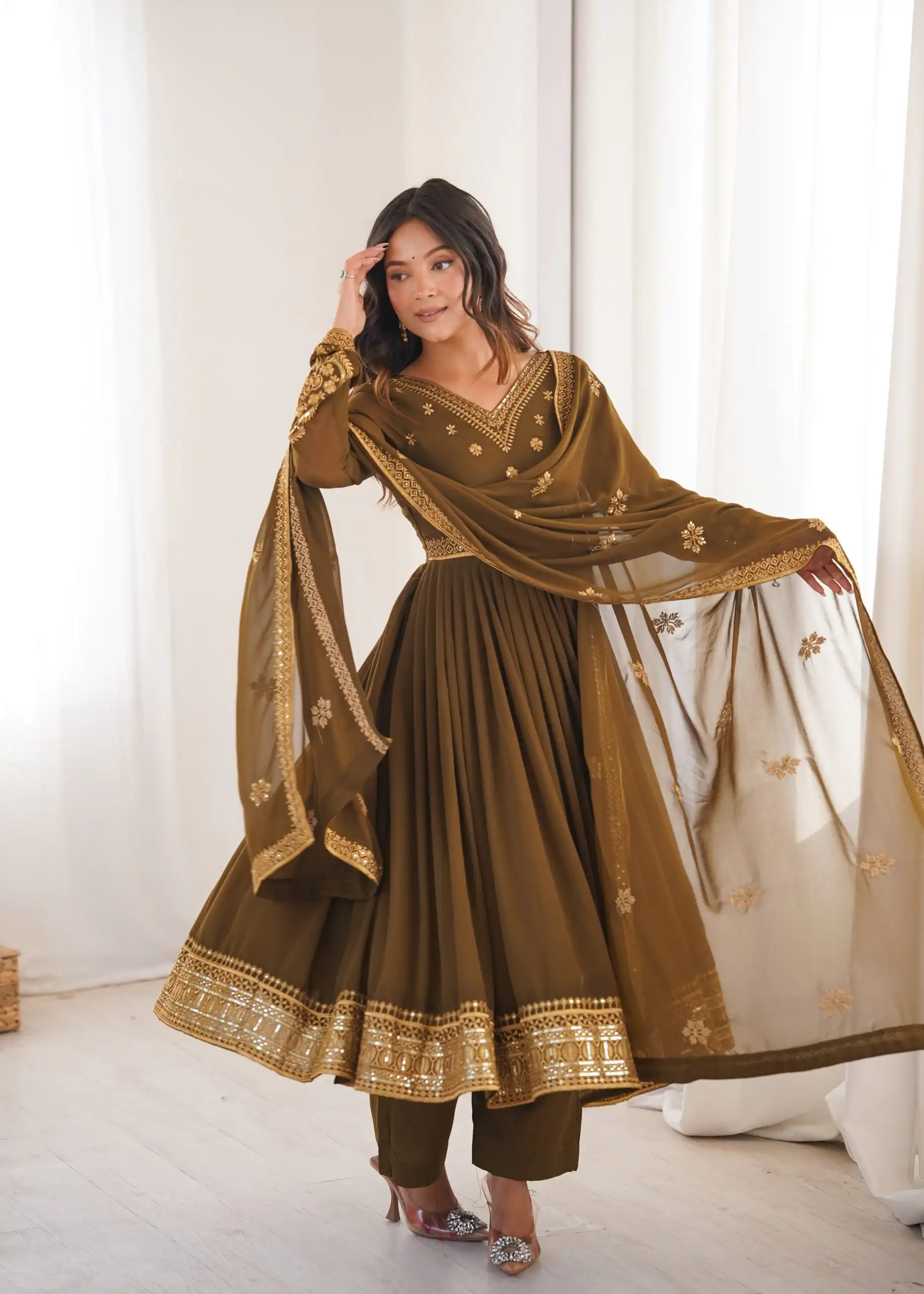 Shiny Brown Faux Georgette Sequence Work Anarkali Suit - Image 2