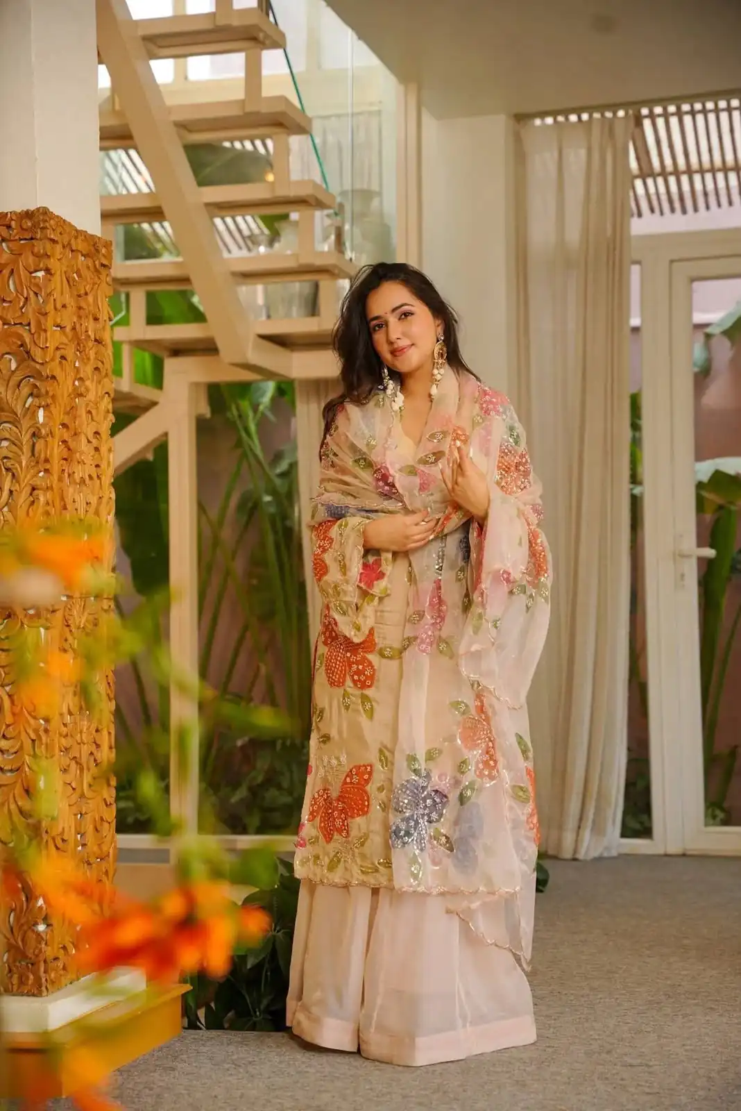 Shiny Off White Tabby Organza Embroider Work Salwar Suit
