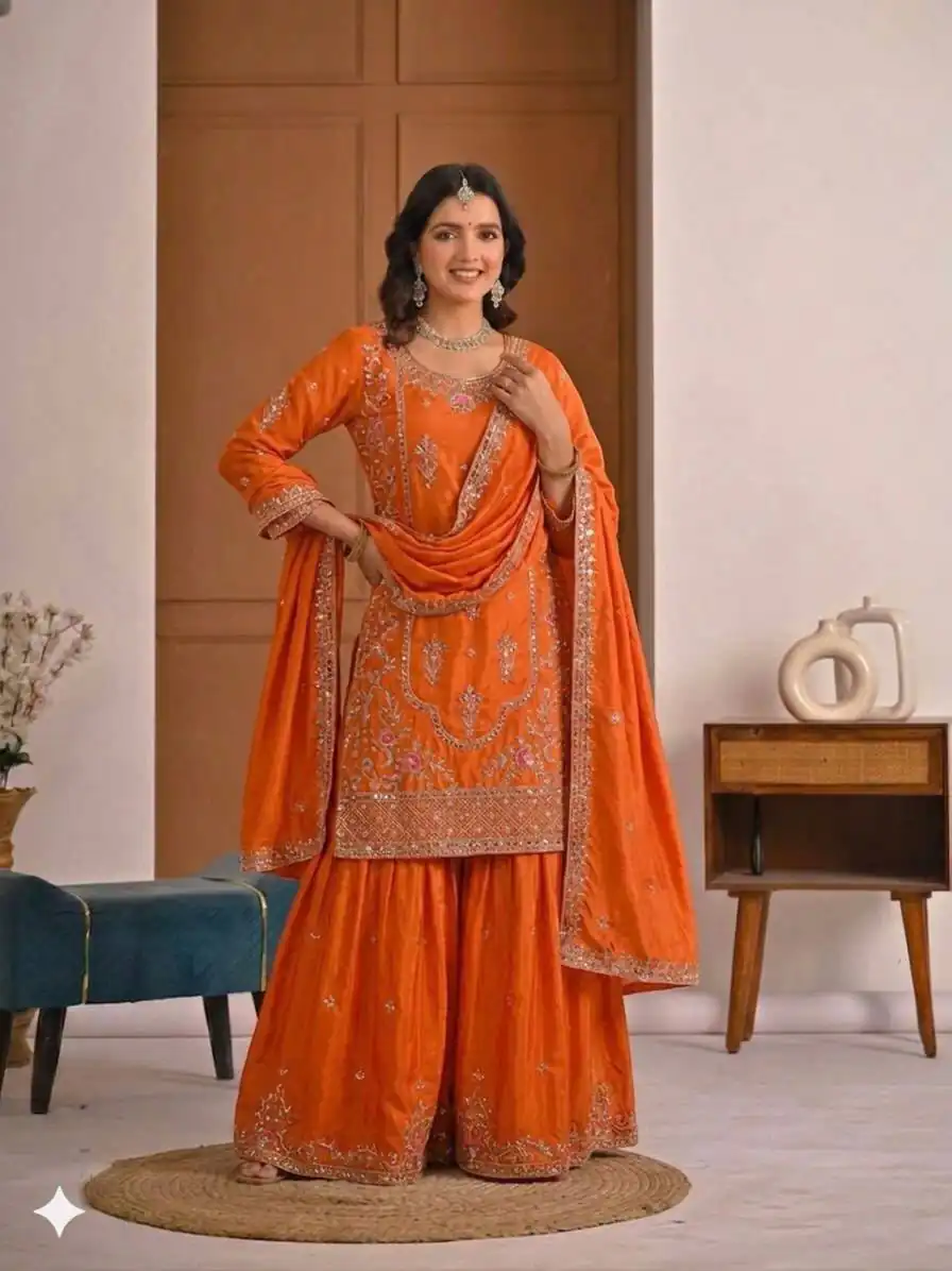 Shiny Orange Natural Crepe Silk Embroidery Work Salwar Suit - Image 3