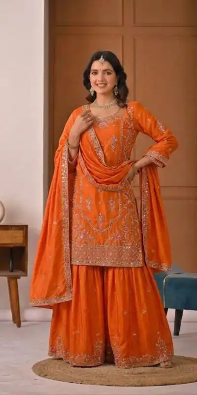 Alternative view of Shiny Orange Natural Crepe Silk Embroidery Work Salwar Suit