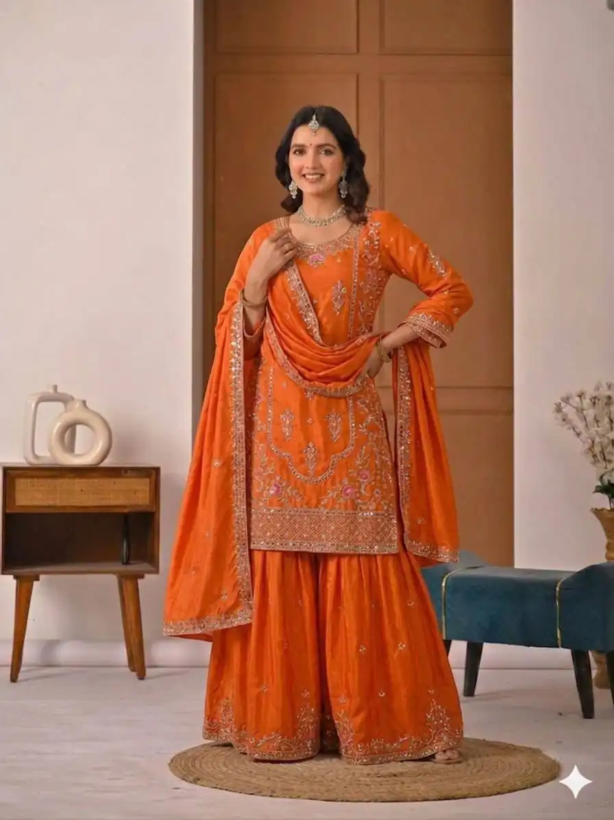 Shiny Orange Natural Crepe Silk Embroidery Work Salwar Suit - Image 2