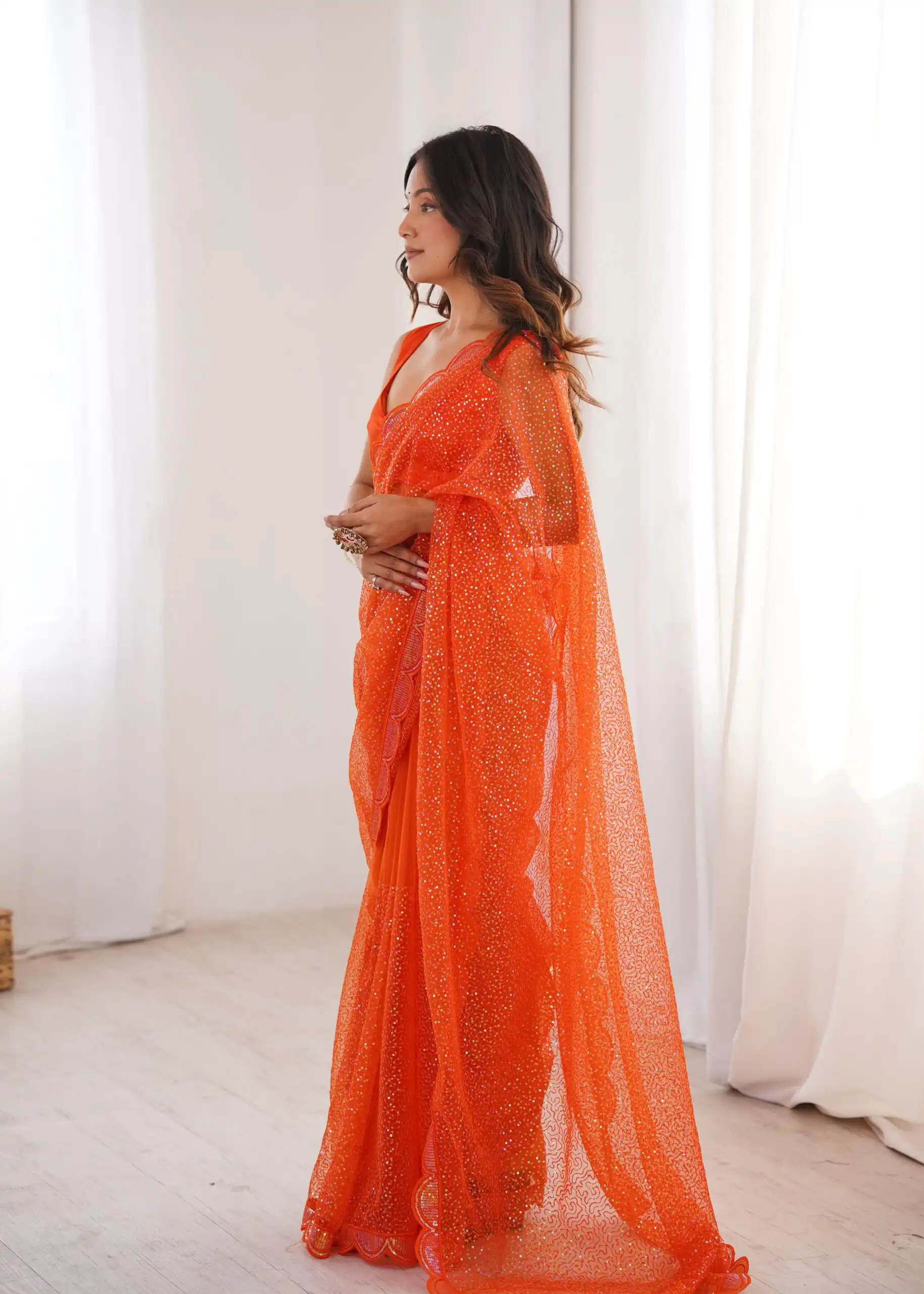 Shiny Orange Soft Net Sequins Work Saree - Image 6