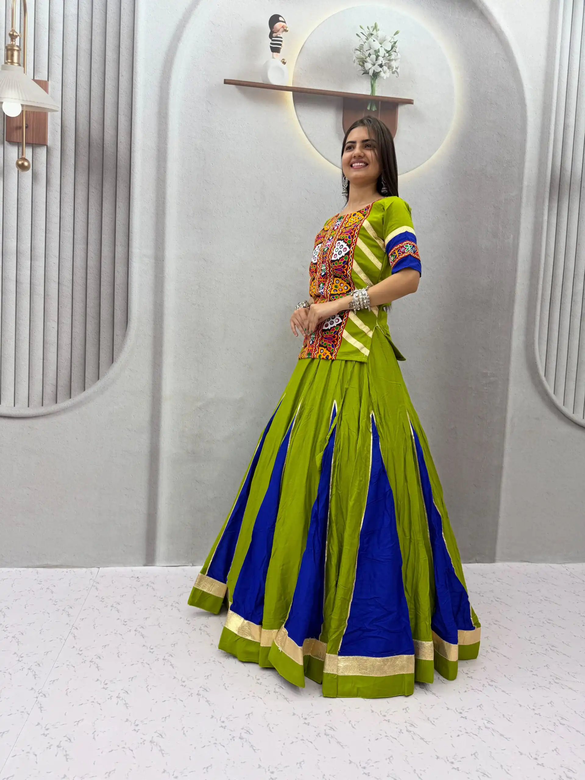 Shiny Parrot Green Cotton Thread Work Lehenga Choli - Image 5