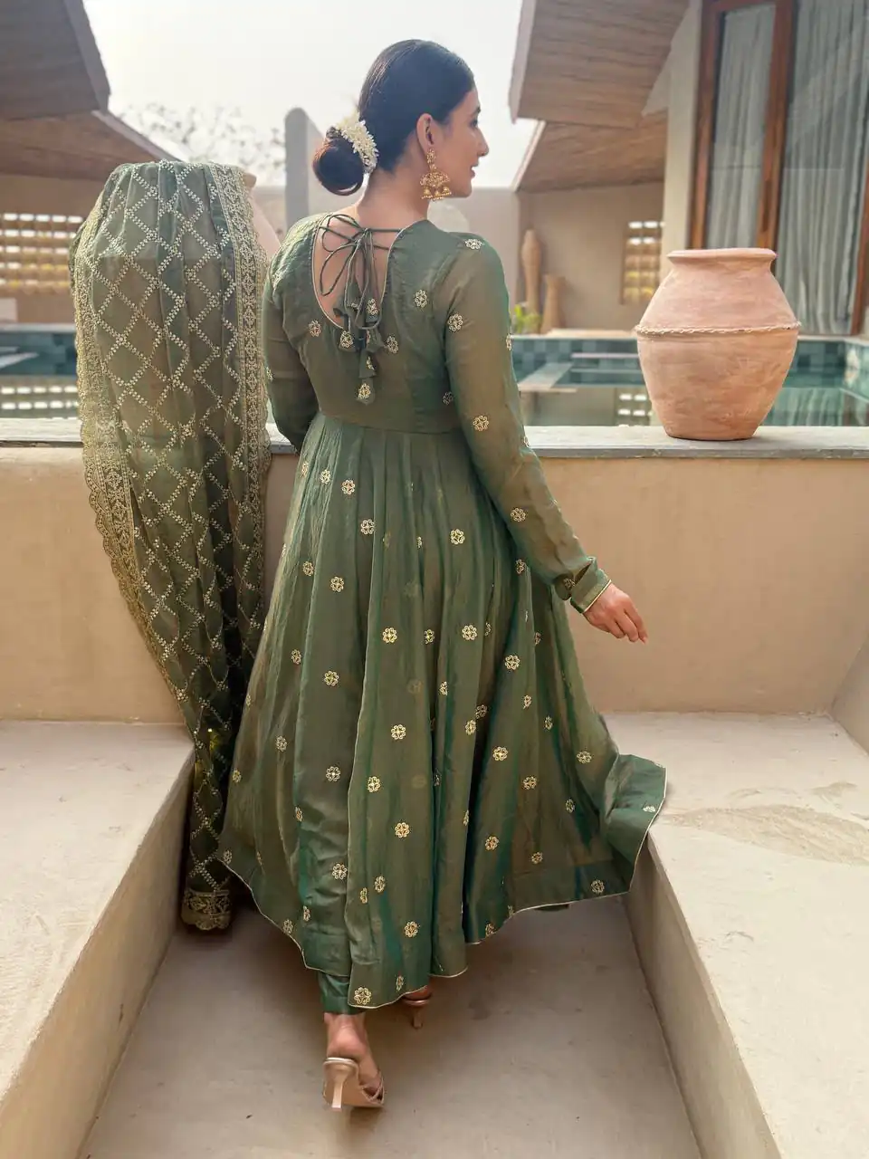 Shiny Pista Moss Fendy Embroidery Work Anarkali Suit - Image 6