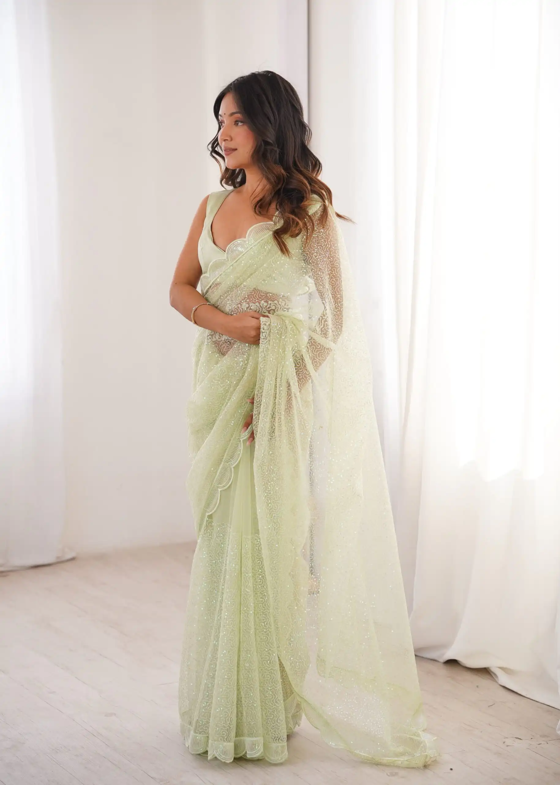 Shiny Pista Soft Net Sequins Work Saree - Image 3