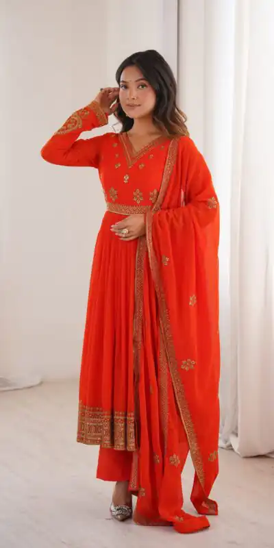Shiny Red Faux Georgette Sequence Work Anarkali Suit