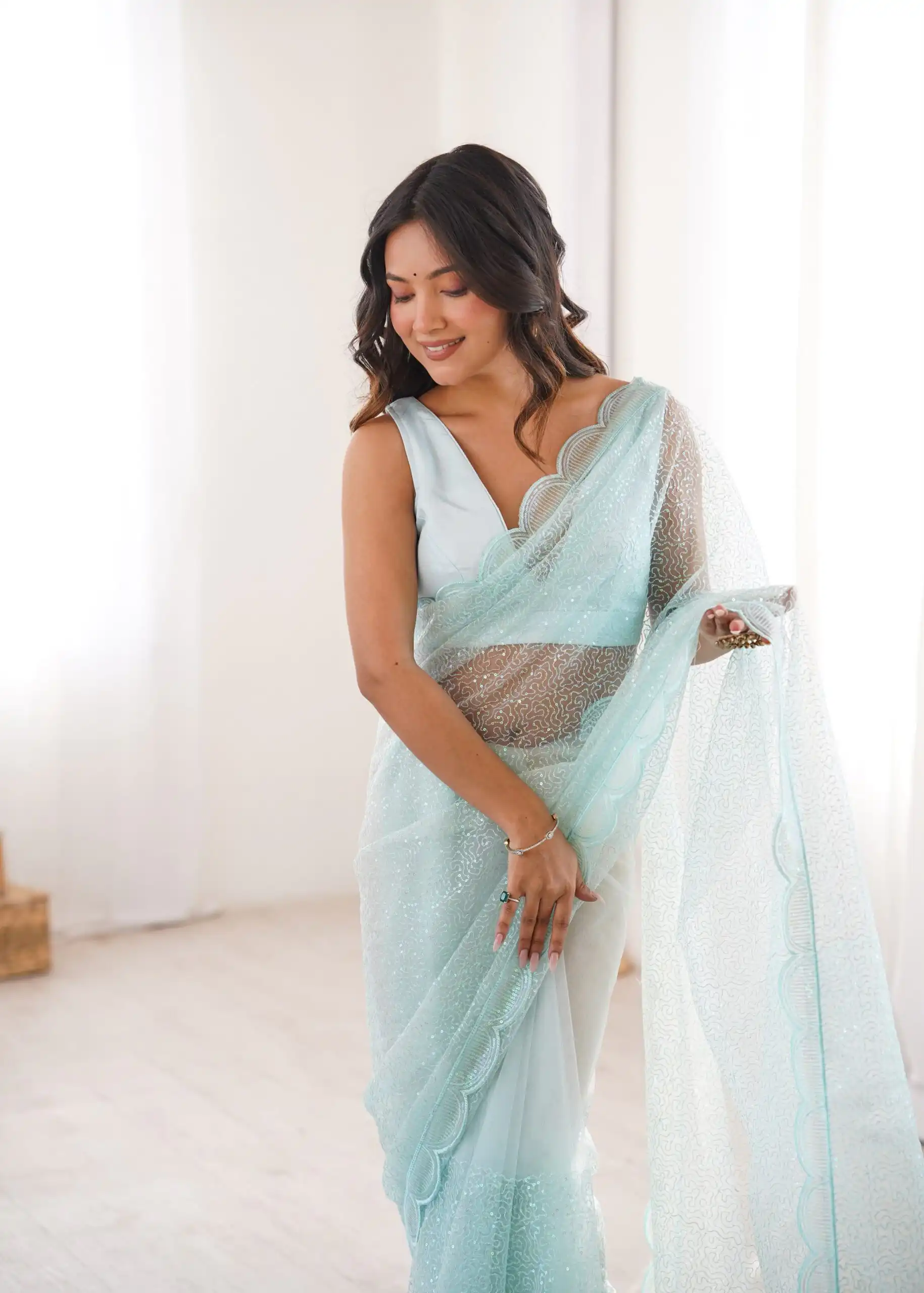 Shiny Sky Blue Soft Net Sequins Work Saree - Image 9